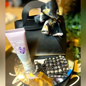 Bracelet with Silver Accents, Earrings, lotion, and a small bag with twilly NWT